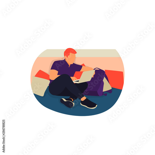 a portrait of a man sitting relaxed while playing a laptop. vector illustration