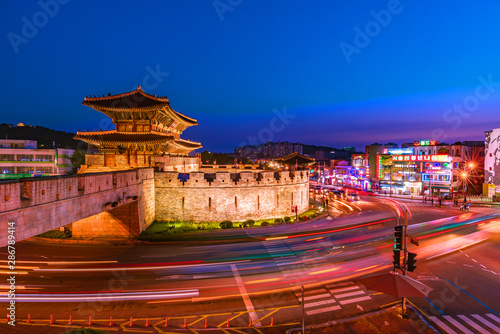 Wallpaper Mural Traffic at Janganmun Gate at Hwaseong Fortress Twilight Sunset in Suwon South Korea.22 August 2019. Torontodigital.ca