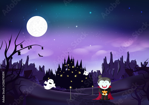 Halloween greeting card, party invites, Dracula holding pumpkin, spooky, magic fantasy miracle silhouette palace night scene, wasteland background vector illustration