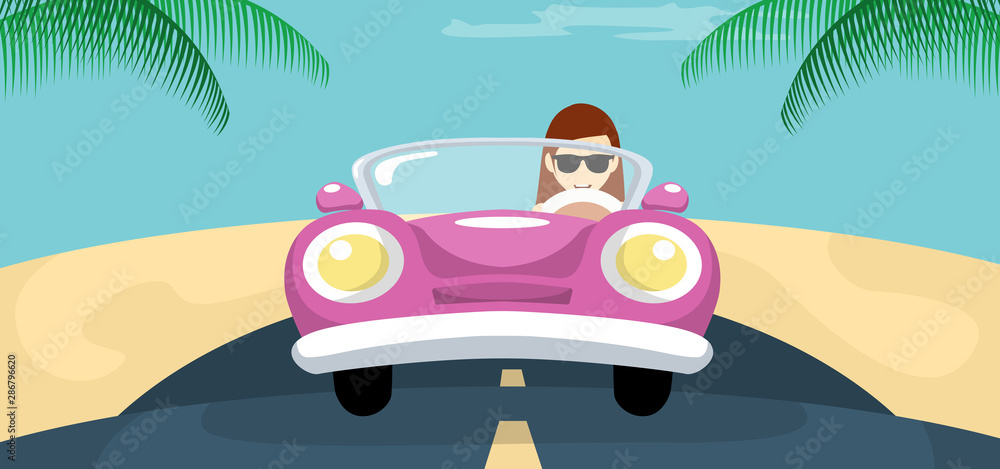 Design background woman driving her car on the beach