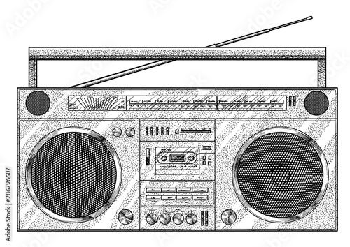 Vintage cassette player illustration, drawing, engraving, ink, line art, vector