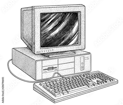 Vintage computer illustration, drawing, engraving, ink, line art, vector