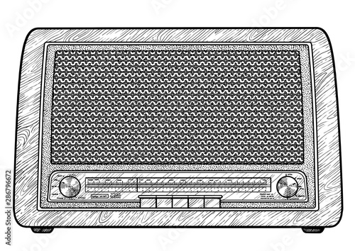 Vintage radio illustration, drawing, engraving, ink, line art, vector