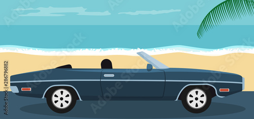 Background of a convertible classic car parked on the beach in summer