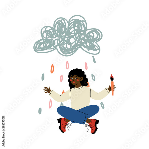 Cute African American Girl Painting Cloud and Rain on Wall with Color Paints and Brush, Girl Sitting on Floor under Rain, Painted on Wall Vector Illustration