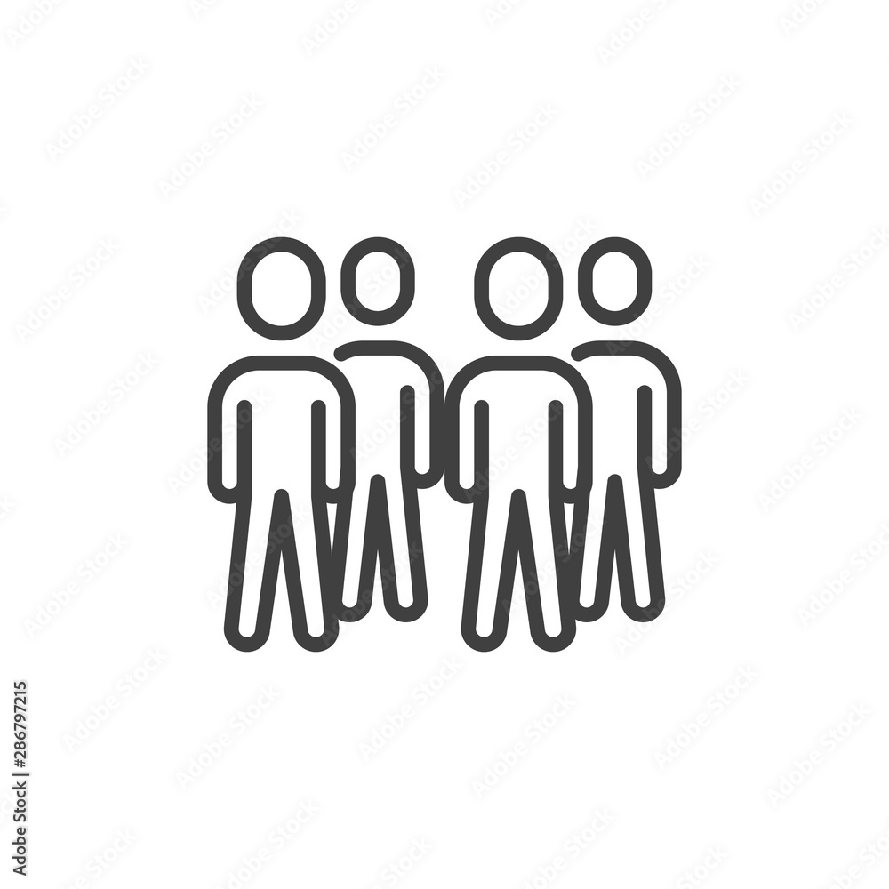 Group of four people line icon. Staff teamwork linear style sign for mobile concept and web design. Crowd of people outline vector icon. Symbol, logo illustration. Vector graphics Group of four people line icon. Staff teamwork linear style sign for mobile concept and web design. Crowd of people outline vector icon. Symbol, logo illustration. Vector graphics