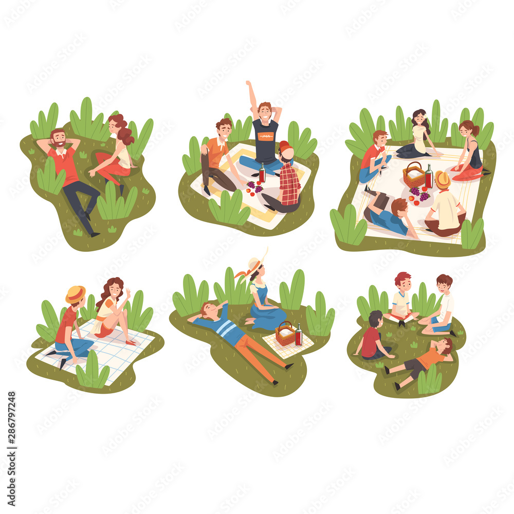 Fototapeta premium People Having Picnic In Park, Happy Young Men And Women Sitting on Plaid, Eating, Talking and Relaxing Vector Illustration