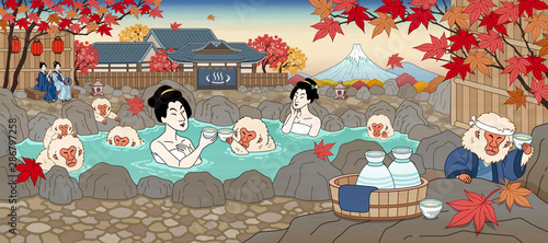 Ukiyo-e style hot spring scene