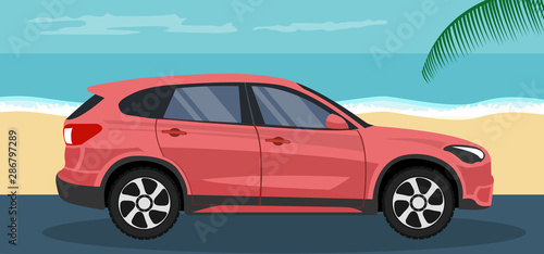 Background of an SUV parked on the beach in summer