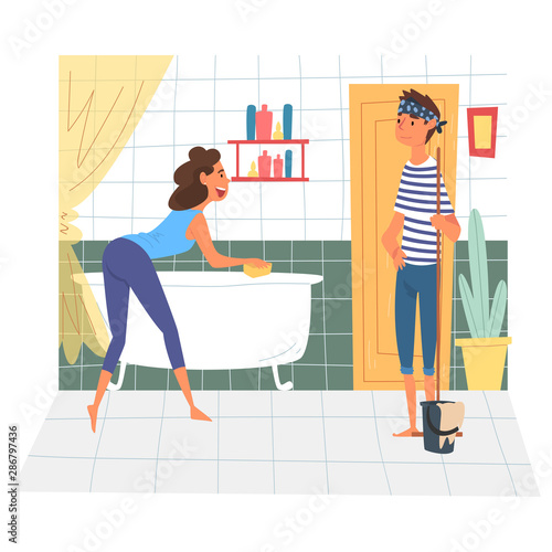 Husband and Wife Cleaning Bathroom Together, Young Woman Cleaning Bathtub, Man Mopping the Floor, Family Cleaning Home on Weekend Vector Illustration