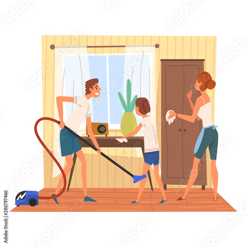 Father, Mother and Daughter Cleaning Room Together, Man Vacuuming the Floor, Woman and Girl Wiping Dust from Cupboard and Table, Family Cleaning Home on Weekend Vector Illustration