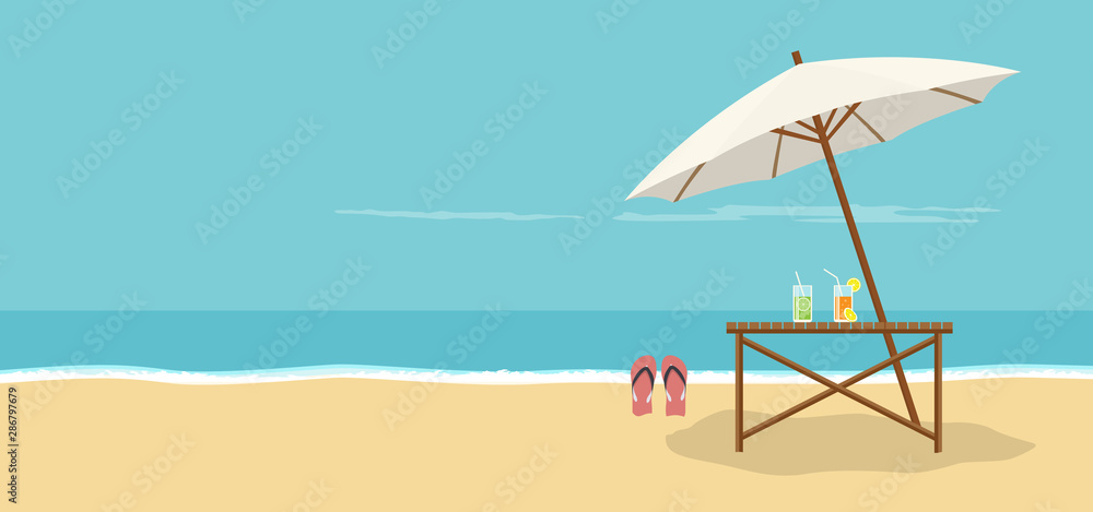 Fototapeta Beach landscape background with an umbrella, sandals and caipirinha