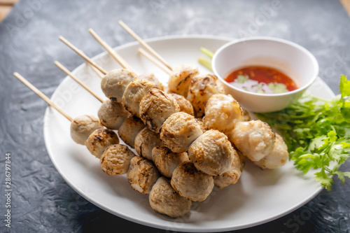 Meatballs on skewers , Grilled Meatballs with Spicy Sauce
