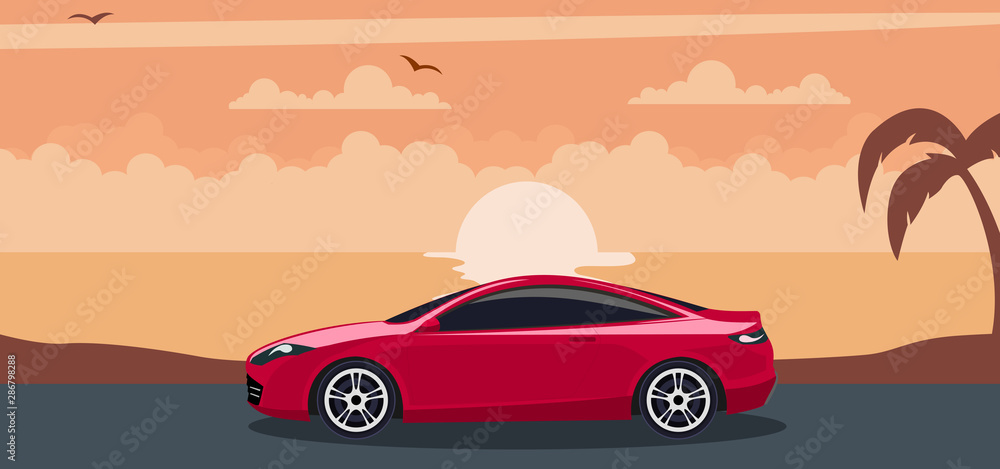 Red modern car background on a sunset at the beach