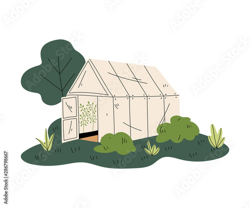 Greenhouse with Green Plants, Rural Landscape Element Vector Illustration