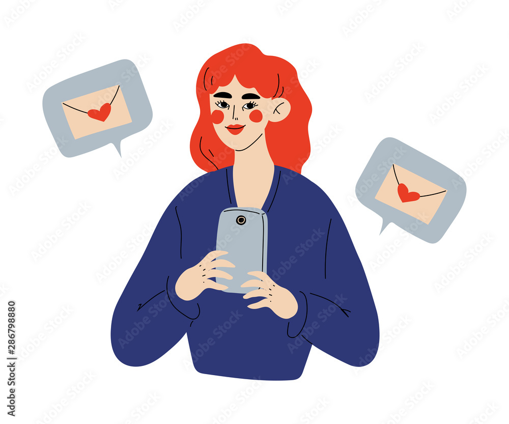 Online Dating, Beautiful Girl Using Smartphone for Dating or Searching for Romantic Partner, Young Woman Sending Messages Vector Illustration Online Dating, Beautiful Girl Using Smartphone for Dating or Searching for Romantic Partner, Young Woman Sending Messages Vector Illustration