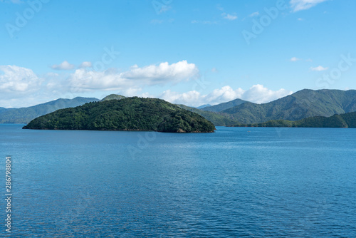 Sailing across the Cooks Strait in New Zealand on a summers day