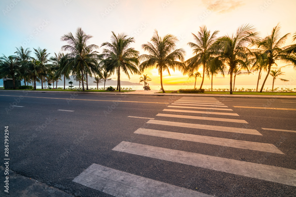Road crossing with coconut tree line by beach at sunrise