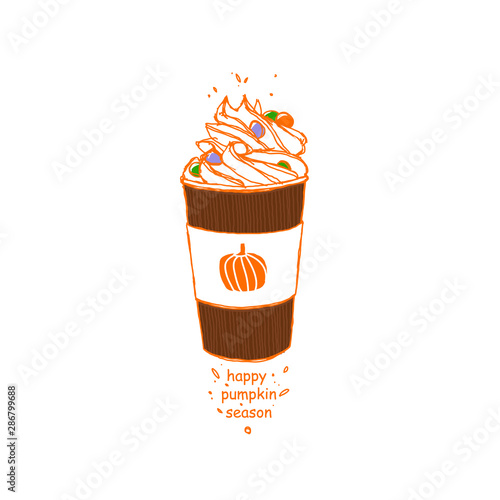 Pumpkin Spice Latte, Macchiato, Frappuccino.  Happy Halloween. Vector hand-drawn sketch