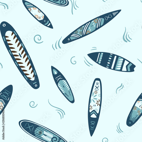 Stand Up Paddle Boarding SUP surfing elements cute seamless pattern vector illustration with supboard, paddle, lifebuoy, waves on a blue background.