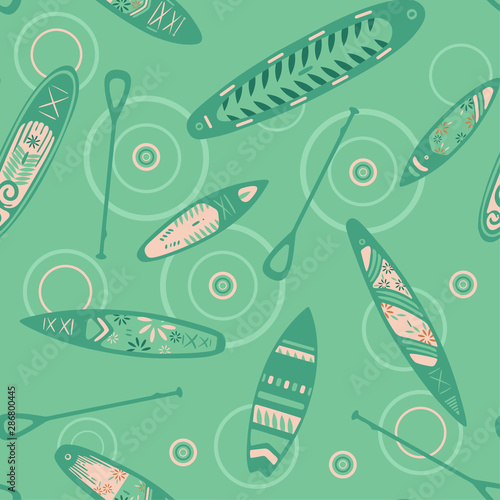 Stand Up Paddle Boarding SUP surfing elements cute seamless pattern vector illustration with supboard, paddle, circles on the water on a azure background.