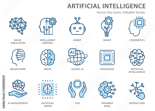 Artificial intelligence line icons set. Vector illustration. Editable stroke.