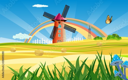 Farm windmill on the golden field wit harvest, Countryside, farmland, vector illustration