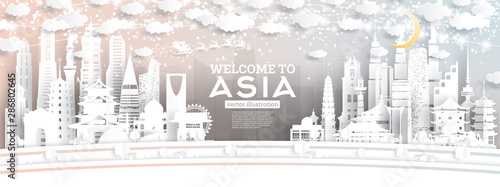 Asia City Skyline in Paper Cut Style with Snowflakes, Moon and Neon Garland.