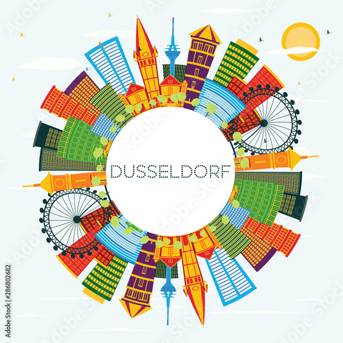 Dusseldorf Skyline with Color Buildings, Blue Sky and Copy Space.