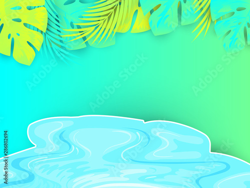 Bright tropical background with green jungle plants and lake. Vector exotic paper cut style with leafs.