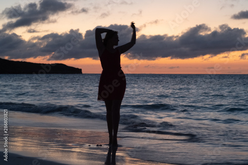 Silhouette of a girl at sunset near the sea