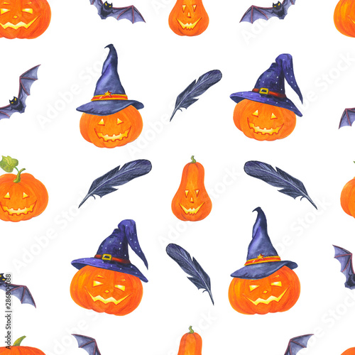 Watercolor seamless pattern of halloween pumpkin in witch hat. 