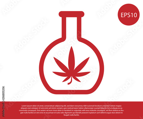 Red Chemical test tube with marijuana or cannabis leaf icon isolated on white background. Research concept. Laboratory CBD oil concept. Vector Illustration