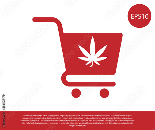 Red Shopping cart with marijuana or cannabis leaf icon isolated on white background. Online buying. Delivery service. Supermarket basket. Vector Illustration