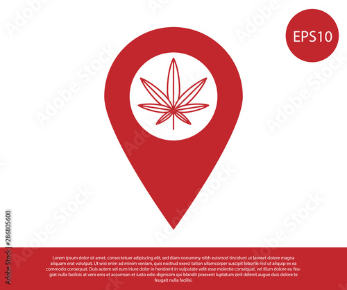 Red Map pointer and marijuana or cannabis leaf icon isolated on white background. Hemp symbol. Vector Illustration