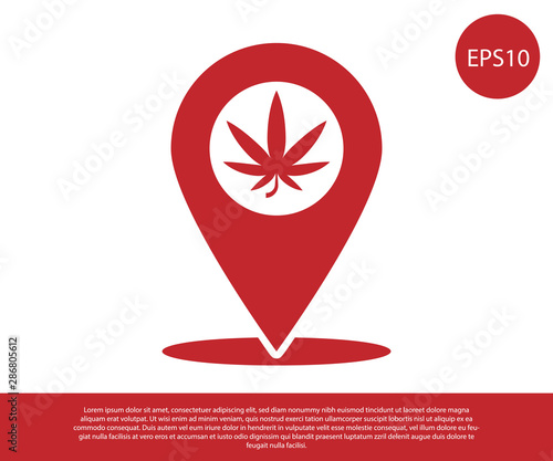 Red Map pointer and marijuana or cannabis leaf icon isolated on white background. Hemp symbol. Vector Illustration