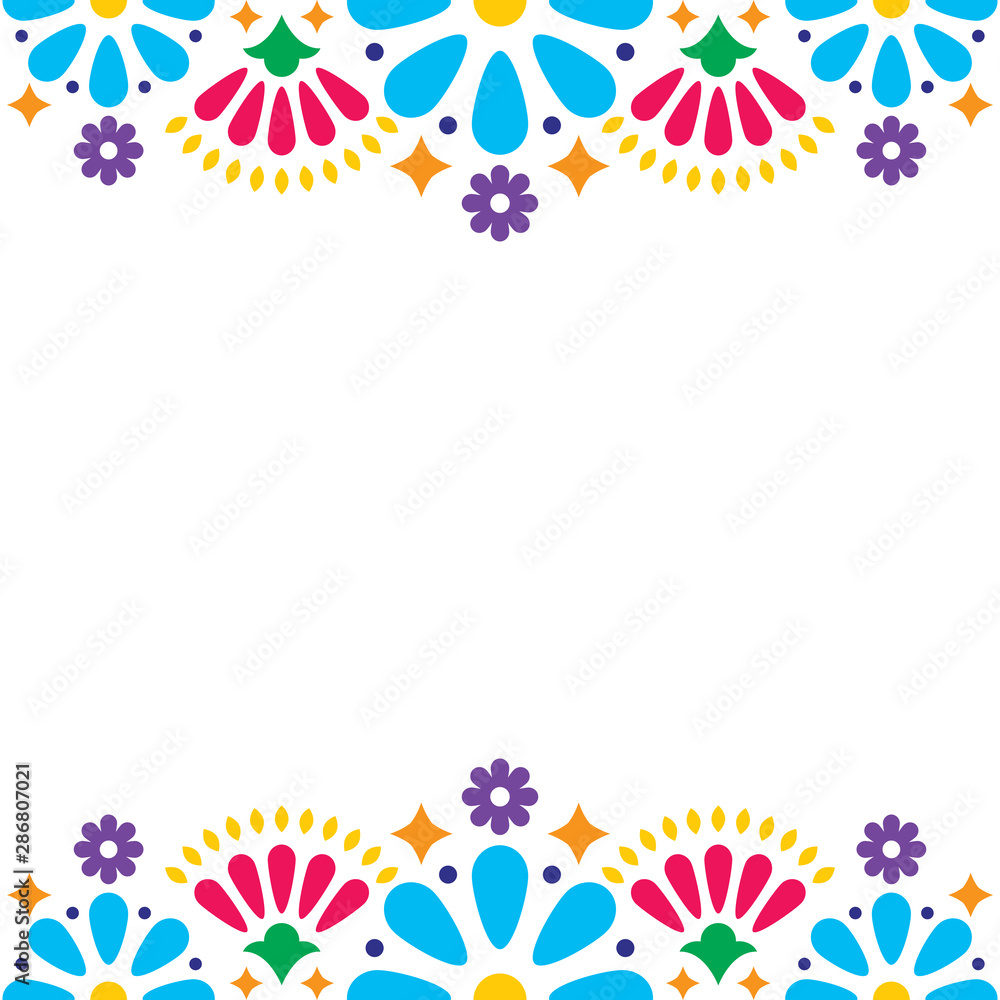Mexican folk vector wedding or party invitation, greeting card, colorful frame design with blue flowers and abstract shapes on white