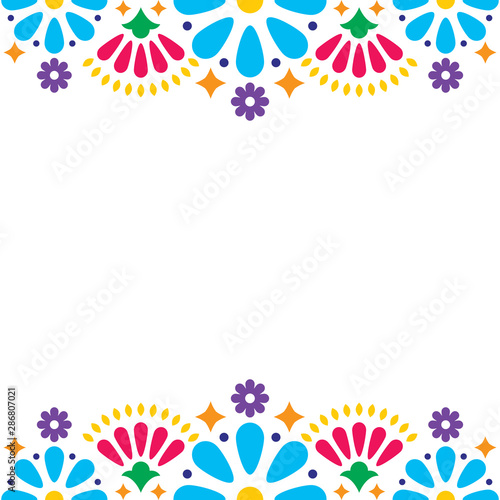 Mexican folk vector wedding or party invitation, greeting card, colorful frame design with blue flowers and abstract shapes on white photo