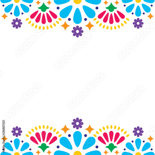Mexican folk vector wedding or party invitation, greeting card, colorful frame design with blue flowers and abstract shapes on white