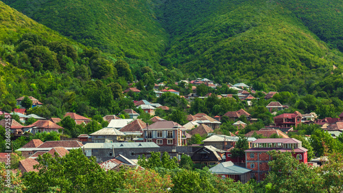 Panoramic view of Sheki city, located on the green slope of the mountain