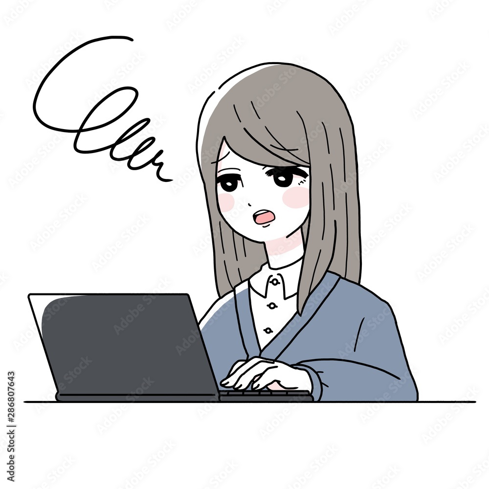 ノートパソコンを操作する女性　ロングヘアー　悩む　白背景