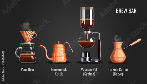 Poster or banner design for coffee brewing methods, brew bar, coffee shop and coffee makers. Pour-over, Turkish coffee, Syphon, Gooseneck kettle. Vector illustration.