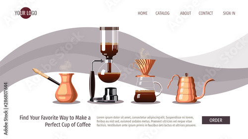 Landing page design for coffee, cafe bar, coffee shop and coffee makers. Pour-over, Turkish coffee, Syphon, Gooseneck kettle. Vector illustration for poster, banner and website.
