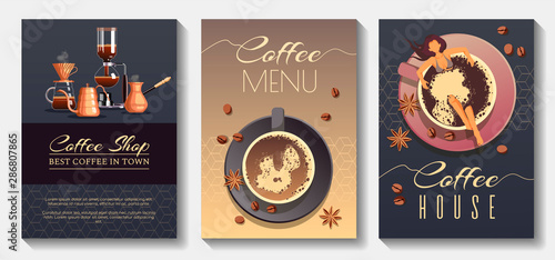 Set of Flyer, poster, banner, brochure design templates for coffee, cafe bar, restaurant menu, coffee shop and coffee house. 