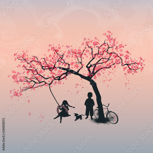 Children playing on a tire swing. Boy, girl and dog under the tree. Spring. Cherry blossoms. Vector illustration, EPS 10