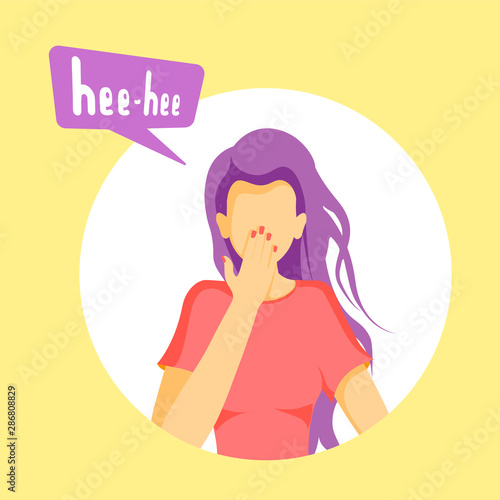 Woman with the word "heehee" in speech bubble. Vector character expressing emotion.  Illustration can be used for poster, banner, cover, flyer, card, postcard 