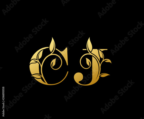 Golden letter C and J, CJ, vintage decorative letter logo icon.