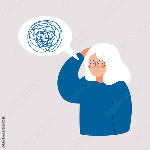 Woman has depression with bewildered thoughts in her mind. Loss of short-term memory, difficulty concentrating, problems planning and pondering things are symptoms of dementia.