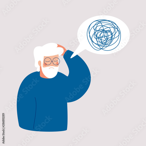 Older man has in depression with bewildered thoughts in her mind. Loss of short-term memory, difficulty concentrating, problems planning and pondering things are symptoms of dementia.