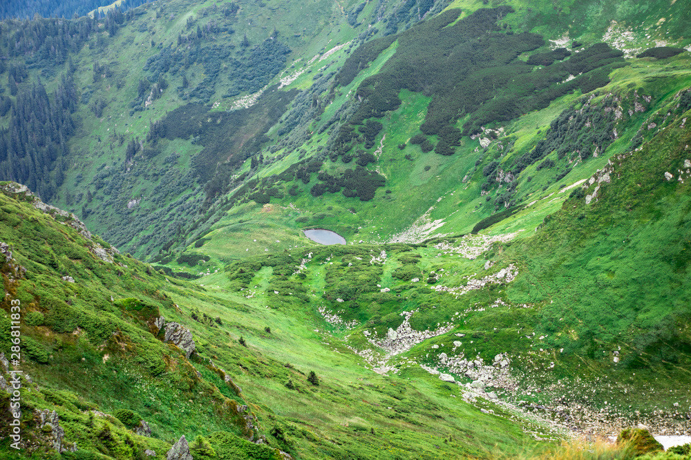 small lake in a green mountain gorge on the top of mountain ridge
